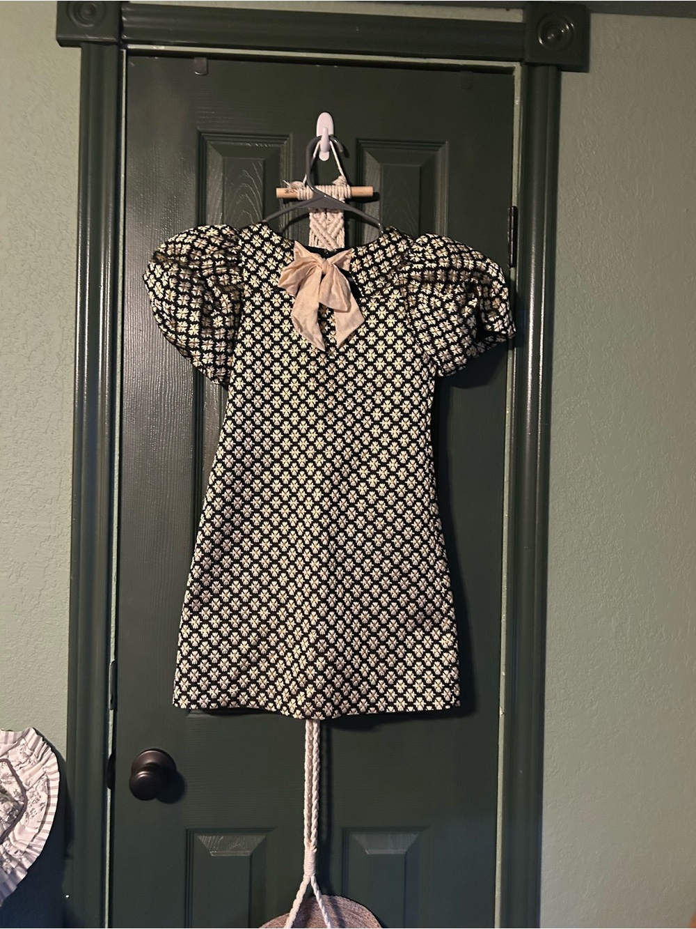 GB girls Black and Cream Floral Puff-Sleeve Dress with Bow